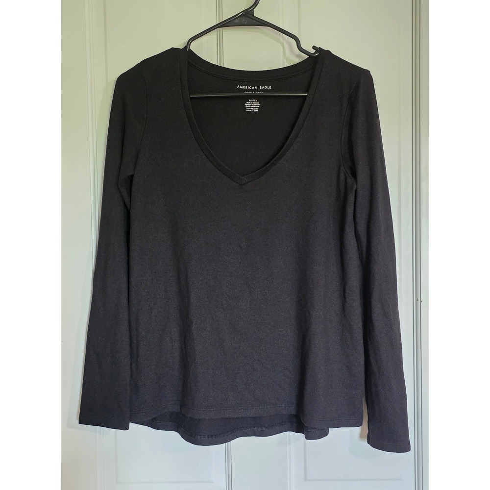 American Eagle Soft & Sexy Plush V-Neck Long Sleeve Top Black Womens Small